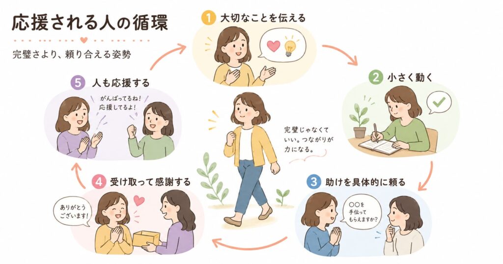 応援される人の特徴や振る舞いの循環を示したこの記事のまとめイラスト