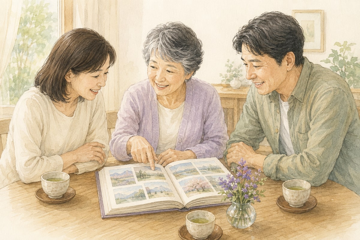 家族三人がテーブルのアルバムを囲み、写真を見ながら話しているイラスト