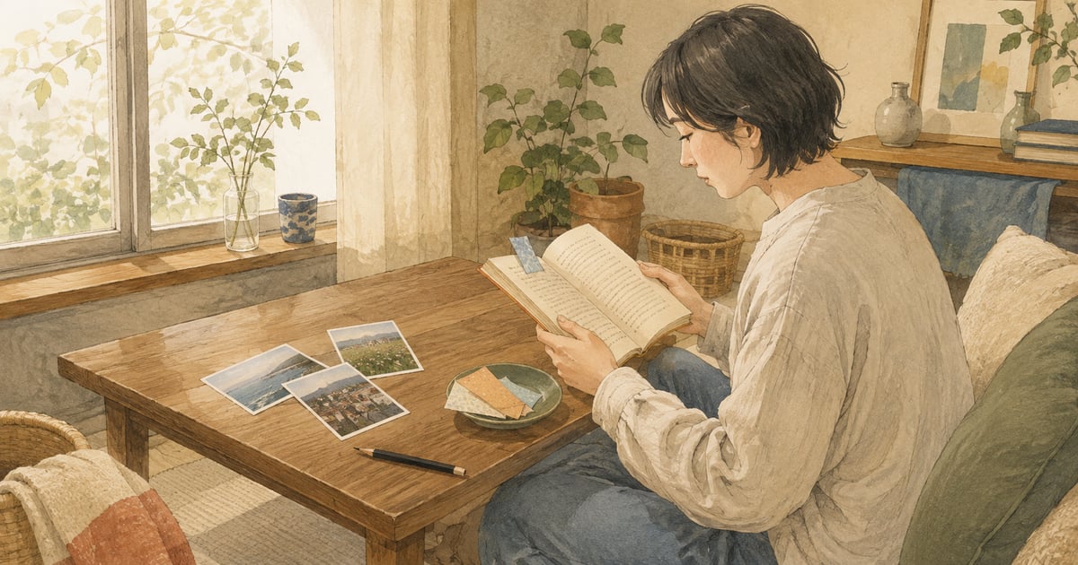 自宅の窓辺で本を読む人と、写真や折り紙を置いたテーブルのイラスト