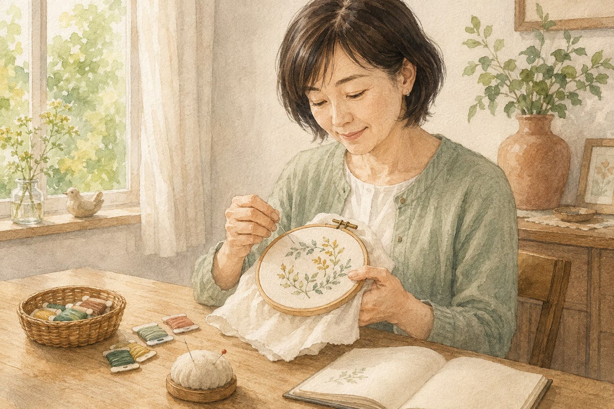 窓辺のテーブルで、布に植物の模様を刺しゅうする女性のイラスト