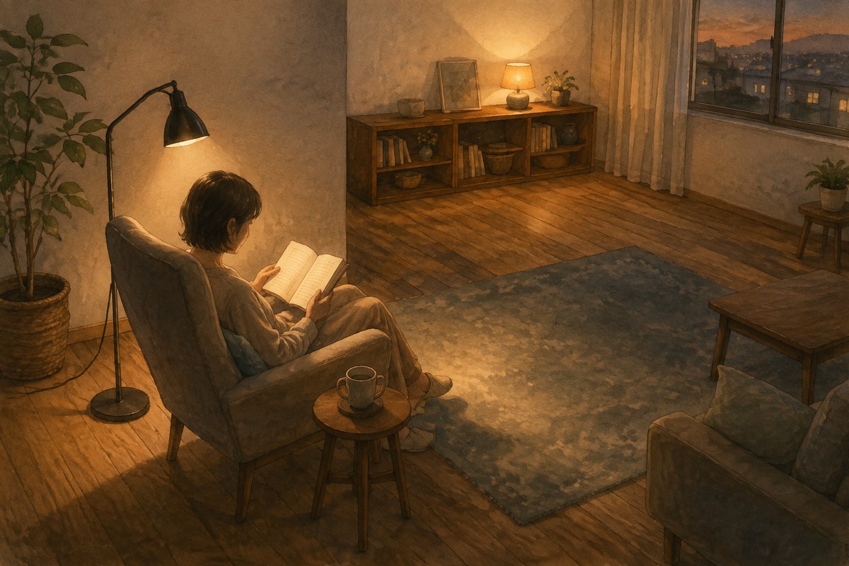 読書灯で本を照らし、棚のランプで部屋の明かりを補ったリビングのイラスト