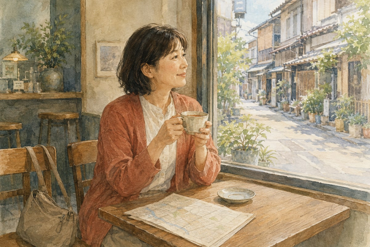 街並みを眺めながら、喫茶店の窓辺でお茶を飲む女性のイラスト