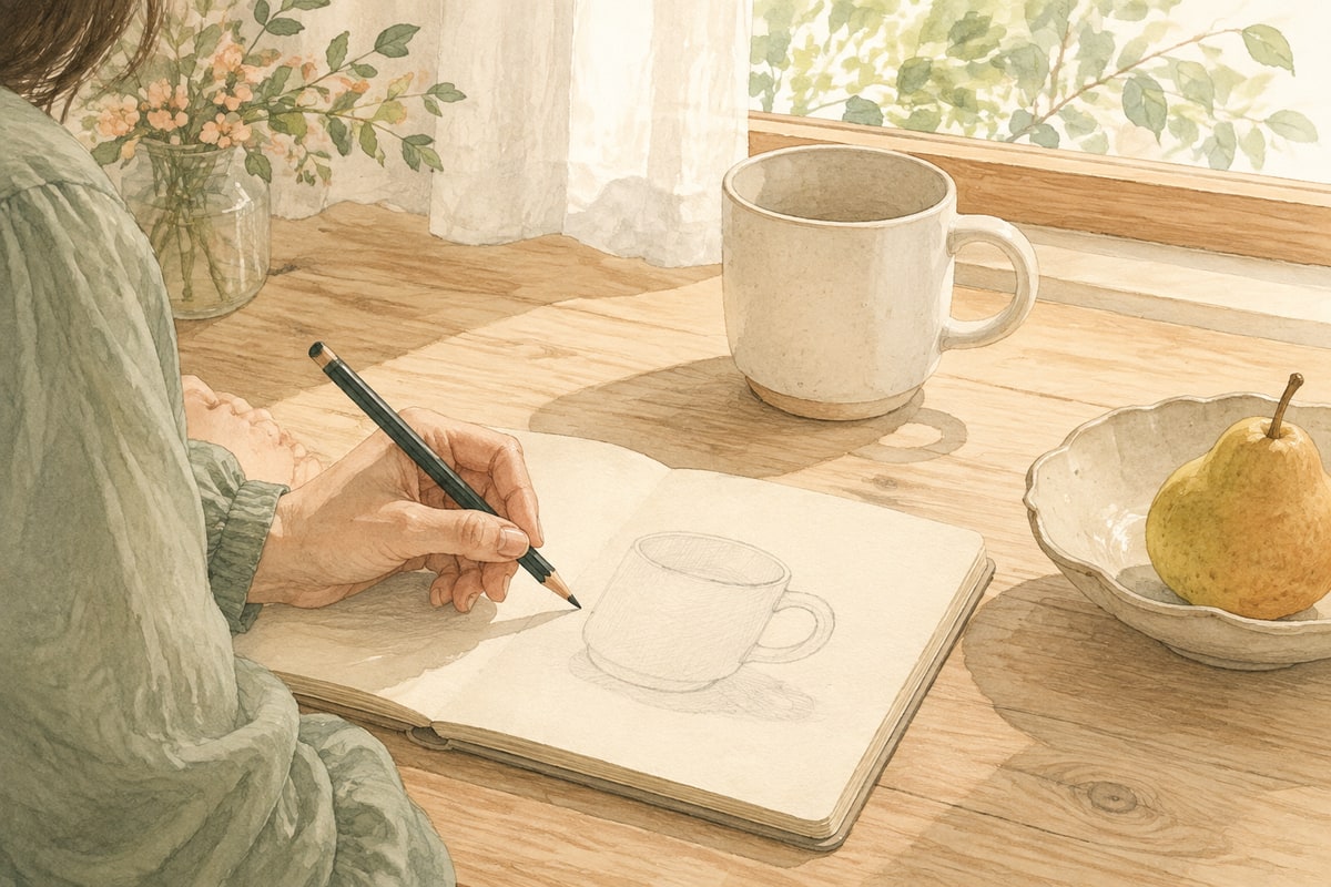 窓辺のテーブルで、マグカップを眺めながら鉛筆で絵を描く人のイラスト