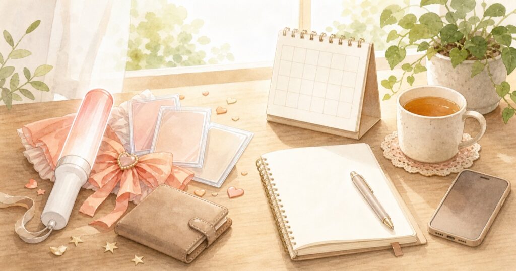 推し活と依存の違いを、お金・時間・気持ちから確認するイラスト