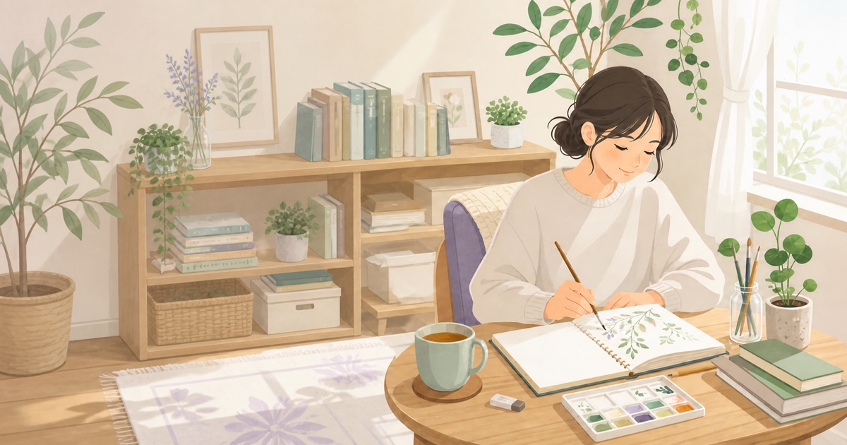 窓辺の机で植物の絵を描き、一人の趣味に取り組む女性のイラスト