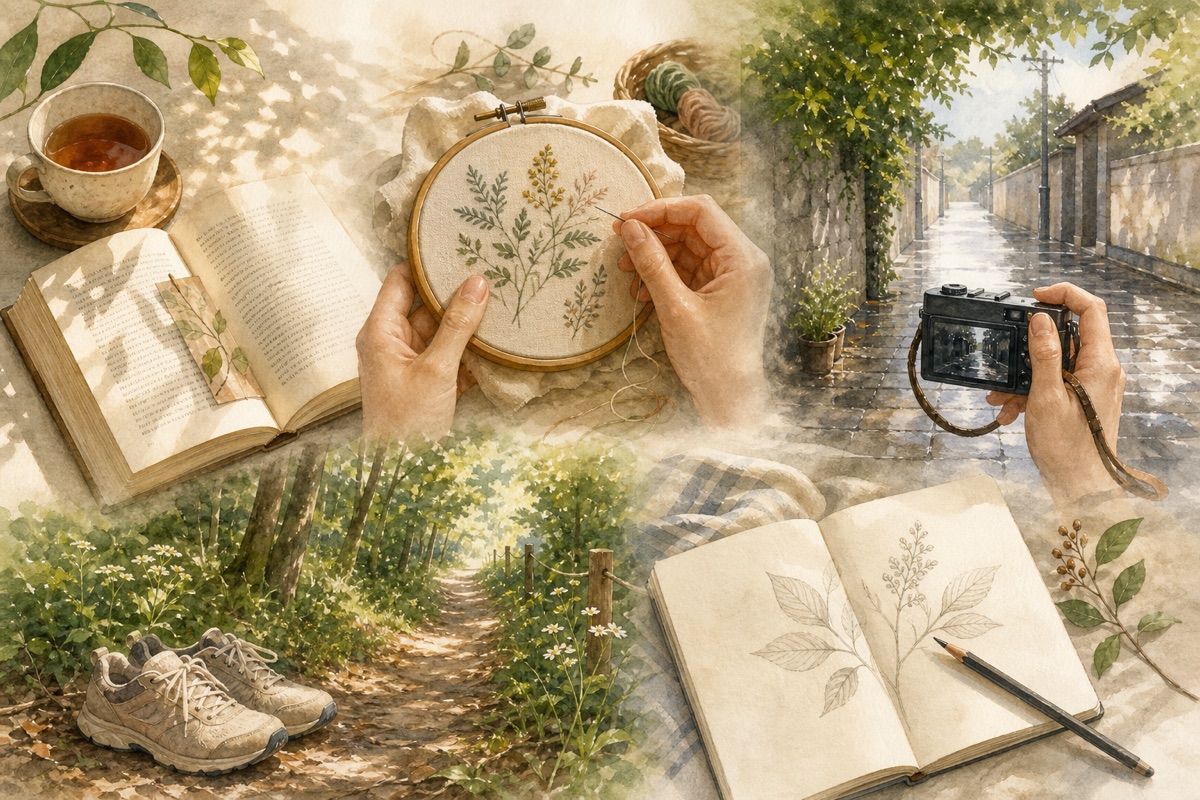 開いた本、刺繍をする手、写真を撮る手、散歩道と靴、植物を描くノートを並べた、一人で試せる趣味のイラスト